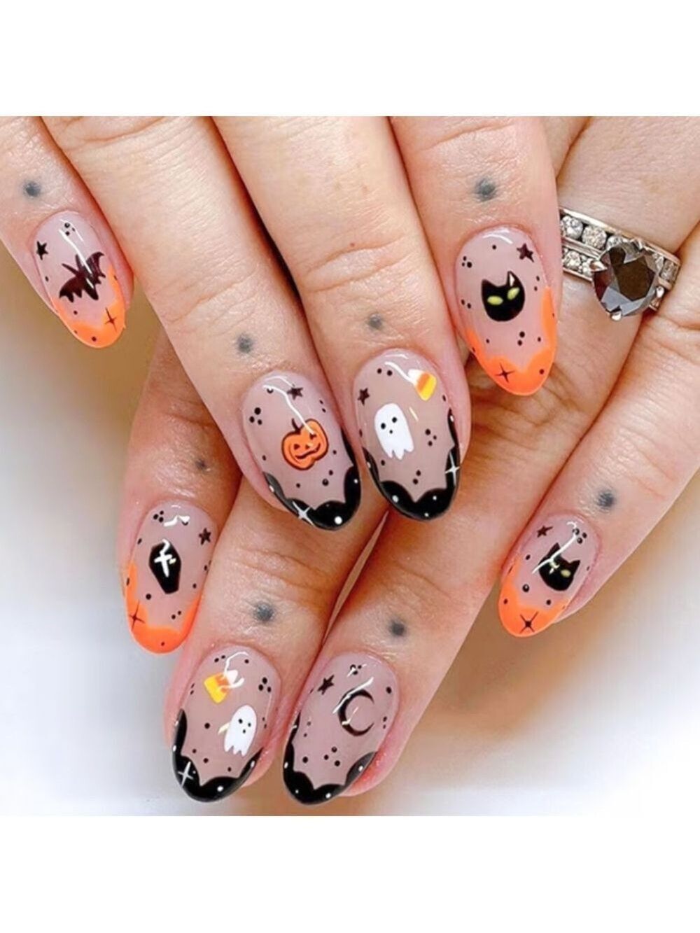 2/$10 Halloween False Nail Art Set - Orange & Black Cute Spooky Design